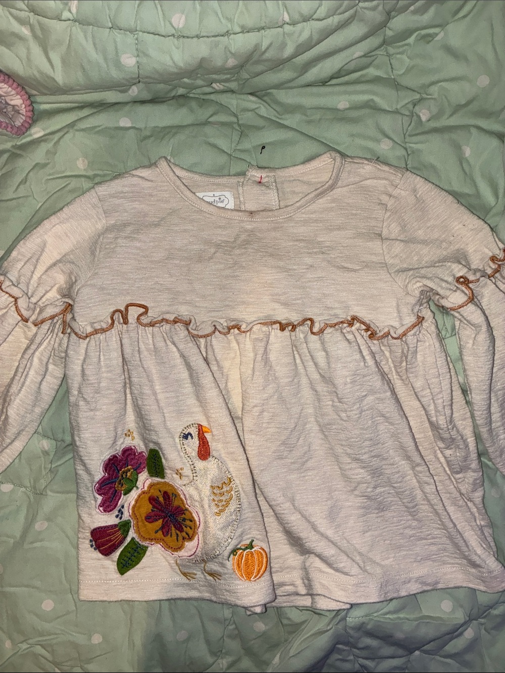 Mud Pie Cream Ruffle Long-Sleeve Top with Embroidered Turkey & Florals